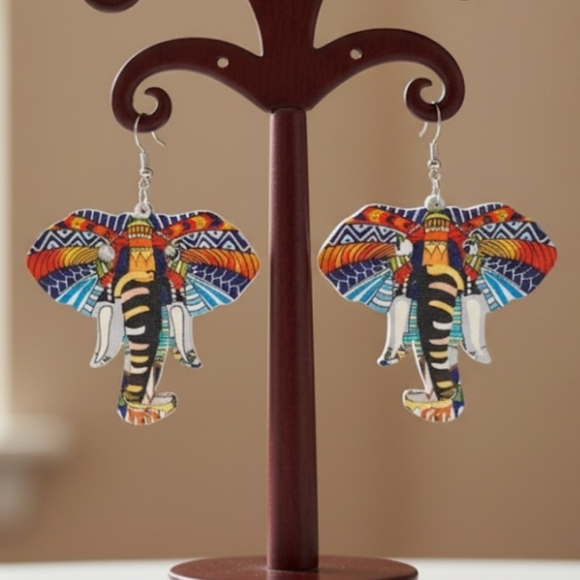 Elephant earrings, wooden elephant earrings, dangle earrings. 2.5 Inches - Picture 7 of 10